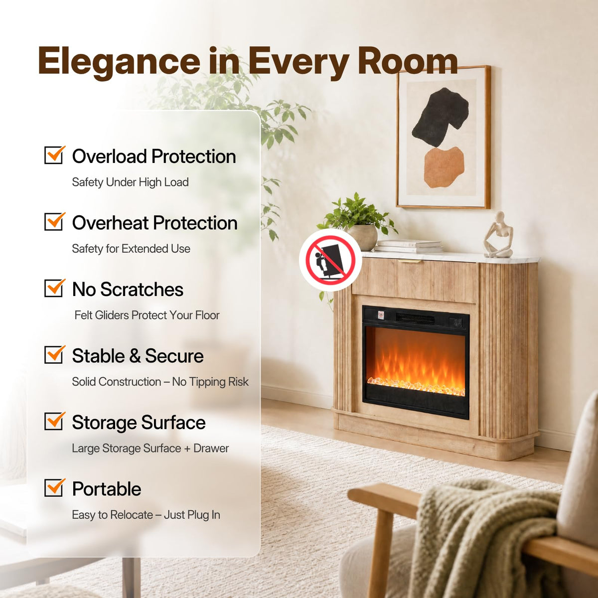 NORTHSKY 39" Farmhouse Electric Fireplace with Mantel, 23" Insert 9‑Color LED Crystal Flame Effect, Freestanding Curved Fluted Wood Fireplace Heater W/Storage&Remote Control for Living Room Bedroom