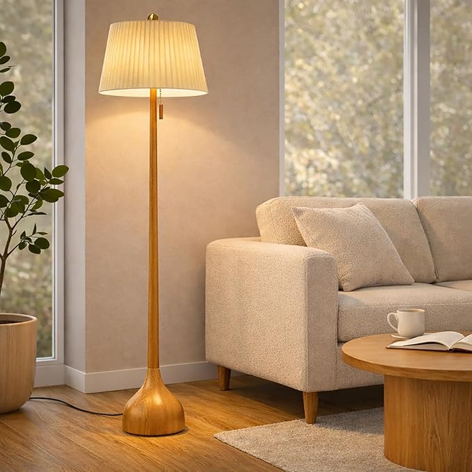Mid-Century Modern Wood Floor Lamp with Dual Shades