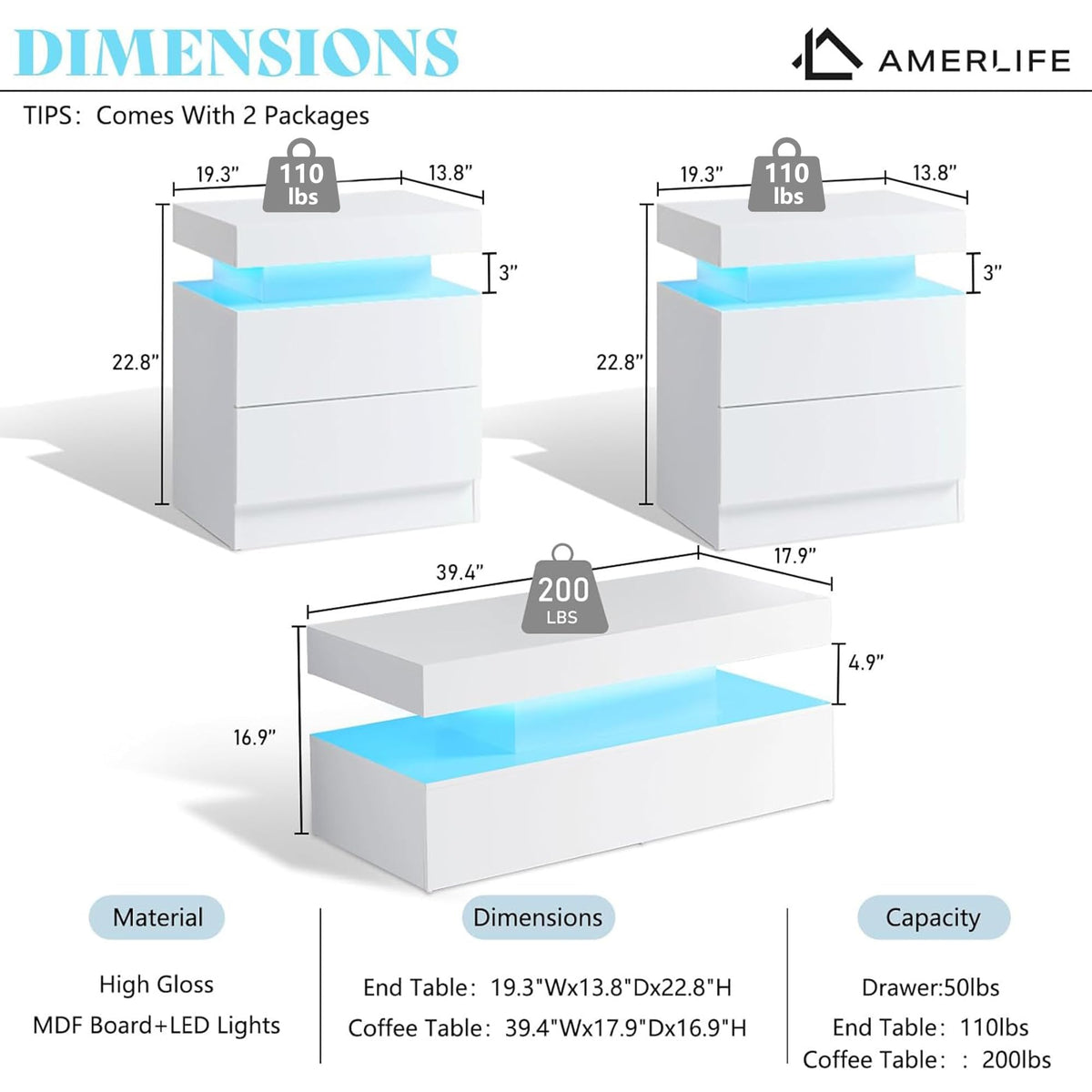 AMERLIFE 3-Piece High Gloss Coffee Table Set with LED Lights