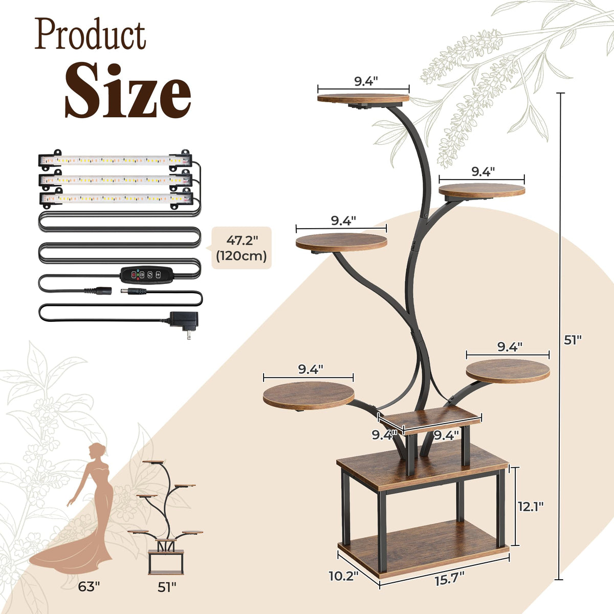 PRAISUN 51 Inch Plant Stand with Grow Lights, 8 Tiered Indoor Plant Shelf