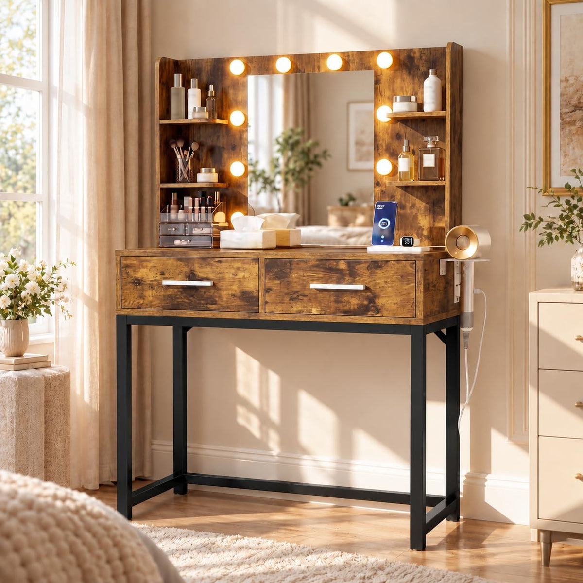YESHOMY 31.5" Small Makeup Vanity Desk with Lighted Mirror, Rustic Brown