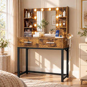 YESHOMY 31.5" Small Makeup Vanity Desk with Lighted Mirror, Rustic Brown