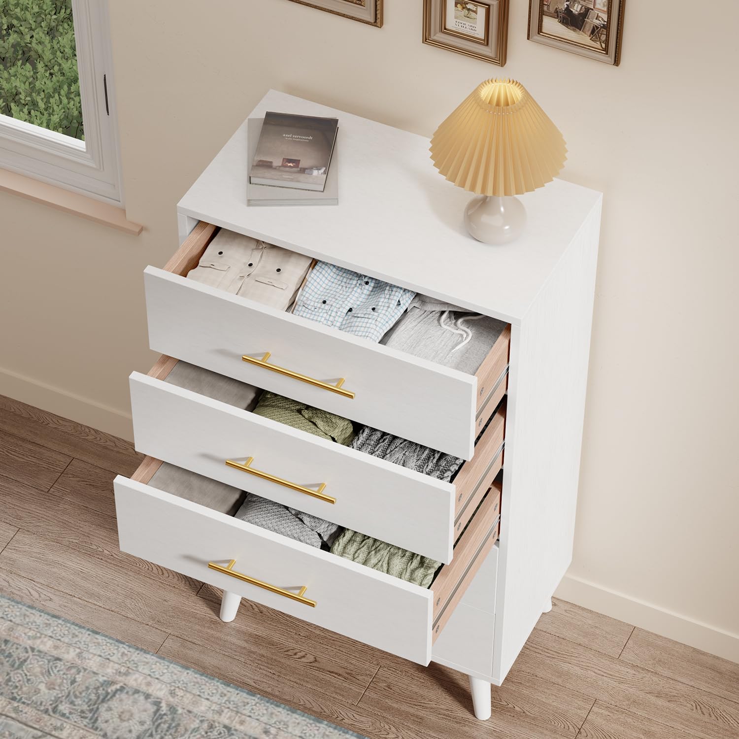 Aiho 5 Drawer Dresser, Tall Dresser with Metal Handles, Wood Storage Organizer for Bedroom, Hallway, or Entryway, White