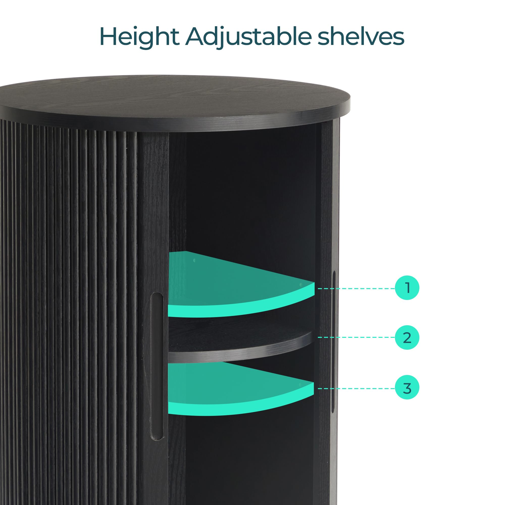 LINSY HOME Round Fluted End Table, Tall Side Table with Sliding Tambour Door and Storage Shelf, Mid Century Modern Nightstand for Living Room, Bedroom, Black