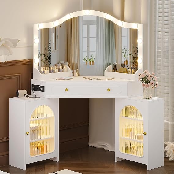 Corner Vanity Desk with LED Mirror & Charging Station
