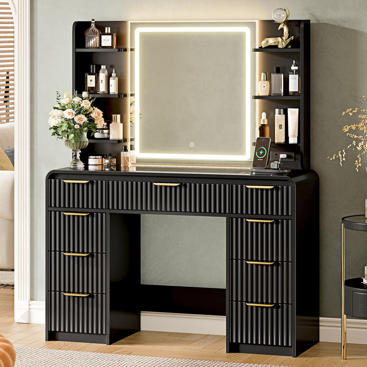 Black Fluted Makeup Vanity with LED Mirror