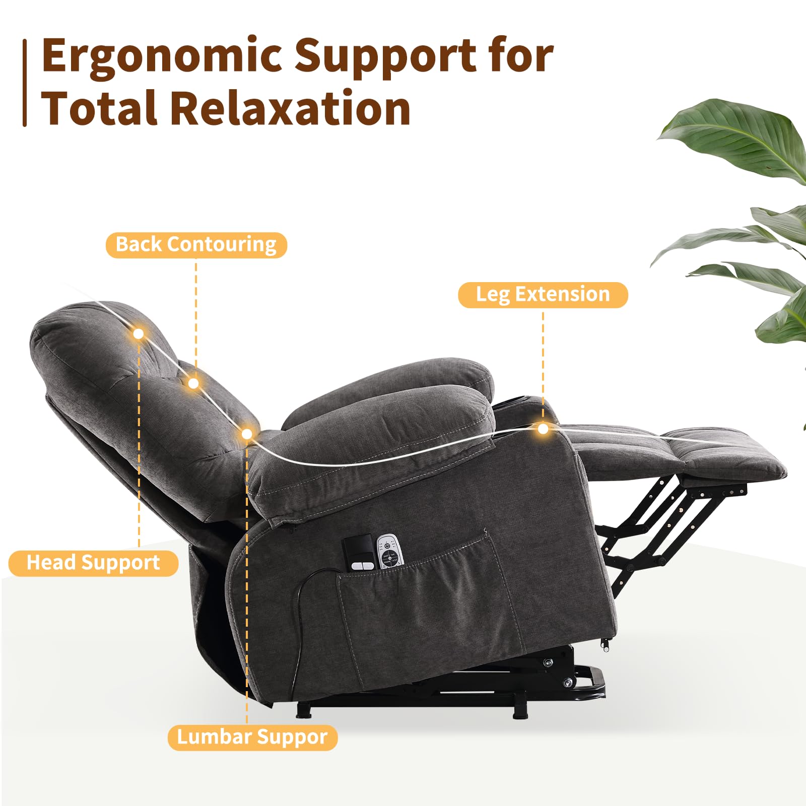 PoteSoar Power Lift Recliner Chair for Elderly with Massage and Heat, Comfortable Electric Power Reclining Chair with Side Pockets,2 Cup Holders and USB Charging Port for Living Room (Grey)