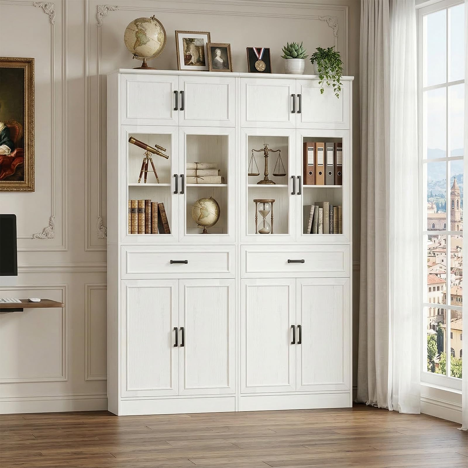 Tall Kitchen Pantry Storage Cabinet with Glass Doors