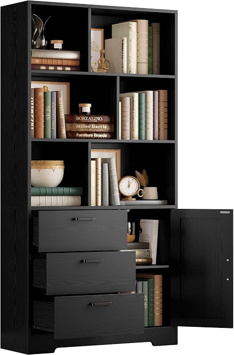 70.9" Tall Bookcase with Drawers, Doors & Open Cubes