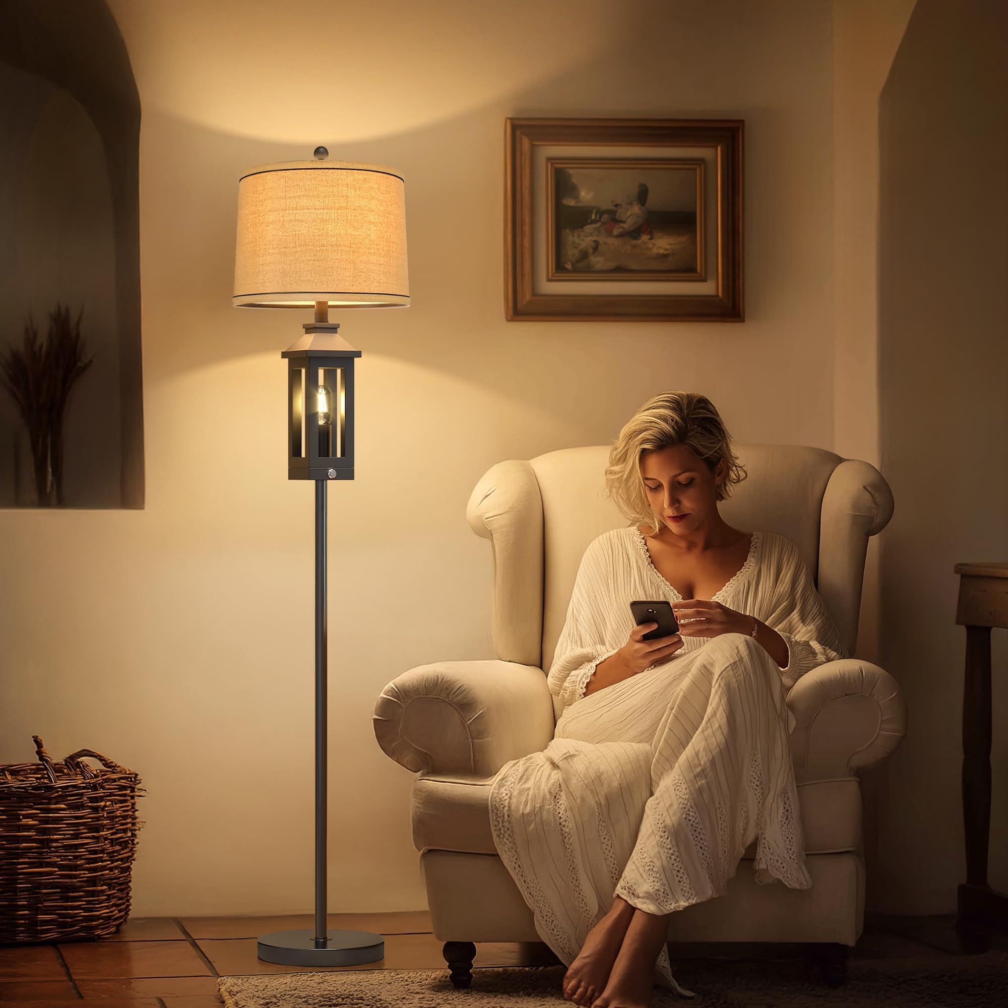 G-SAFAVA 63" Floor Lamps for Living Room Bedside Nightstand Lamp All Black Tall Standing Lamp for Home Decor Bedroom Reading Lamp Farmhouse Rustic Bed Lights with 2 Light Sources (2 Bulbs)