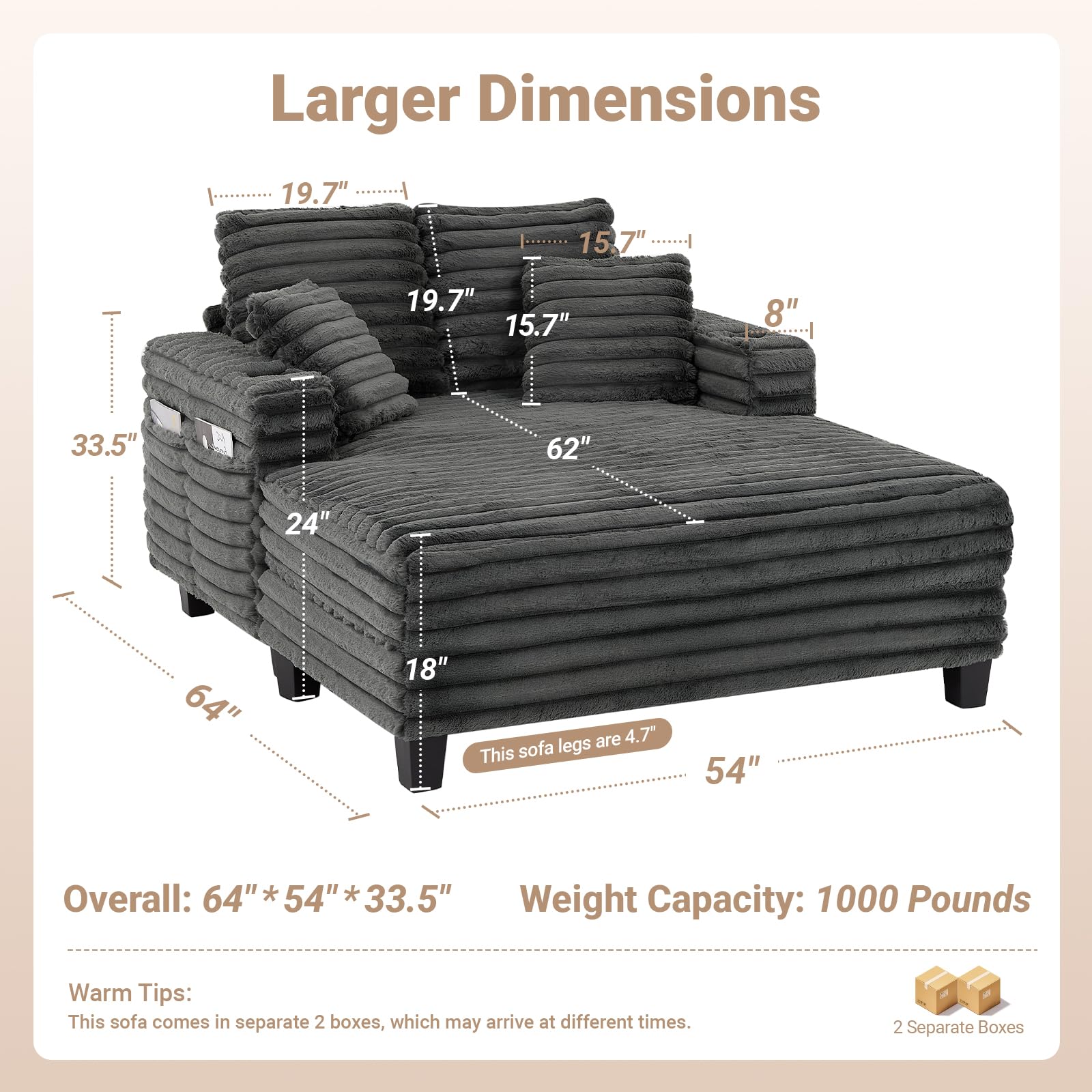 Oversized Chaise Lounge Chair with Cup Holders & Storage