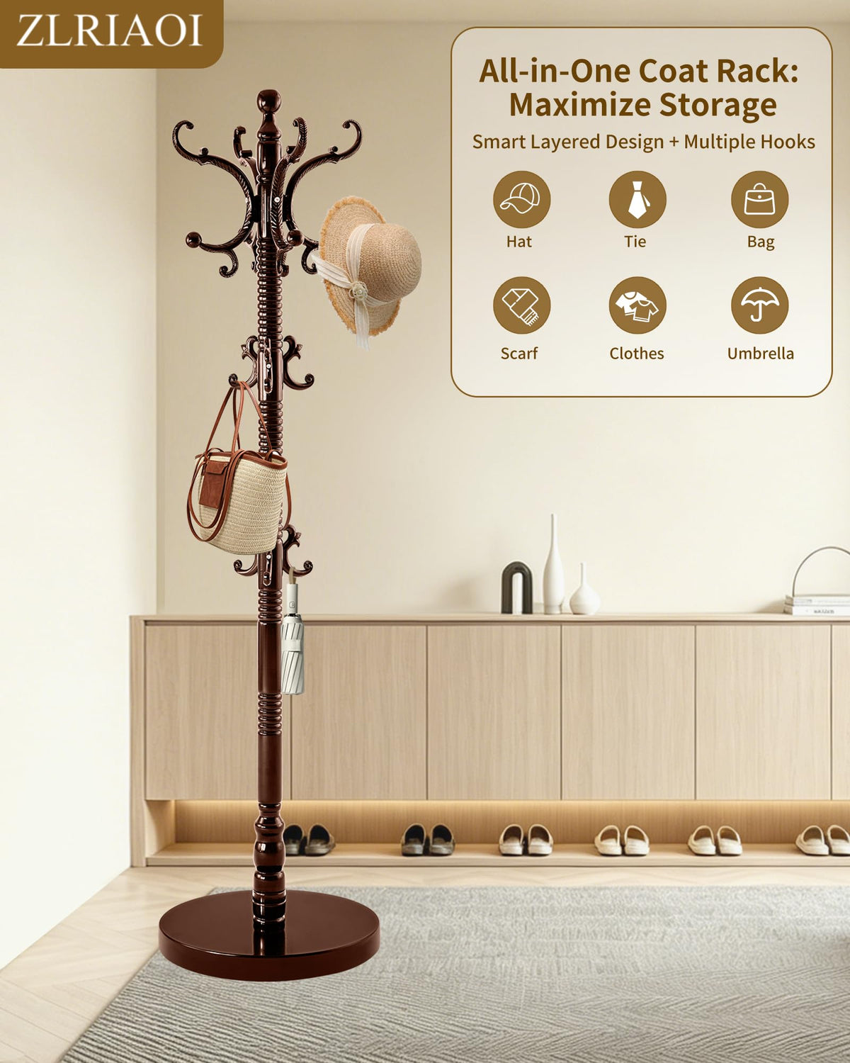 Wooden Coat Rack with 14 Hooks