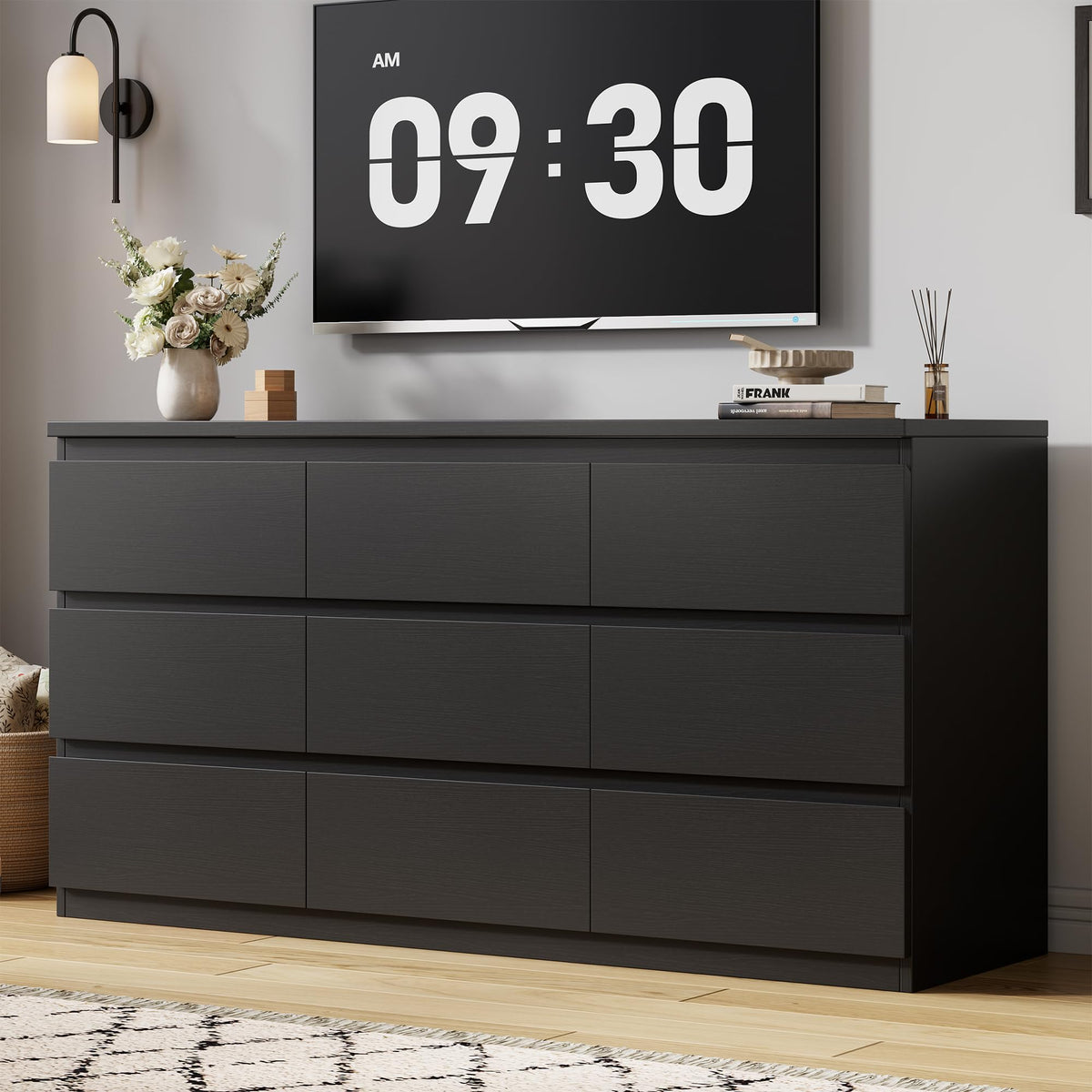 Jocoevol Modern 9 Drawer Dresser for Bedroom, Simply Chest of Drawers, Wood Storage Dresser with Deep Drawers for Living Room Hallway Entryway (Black)