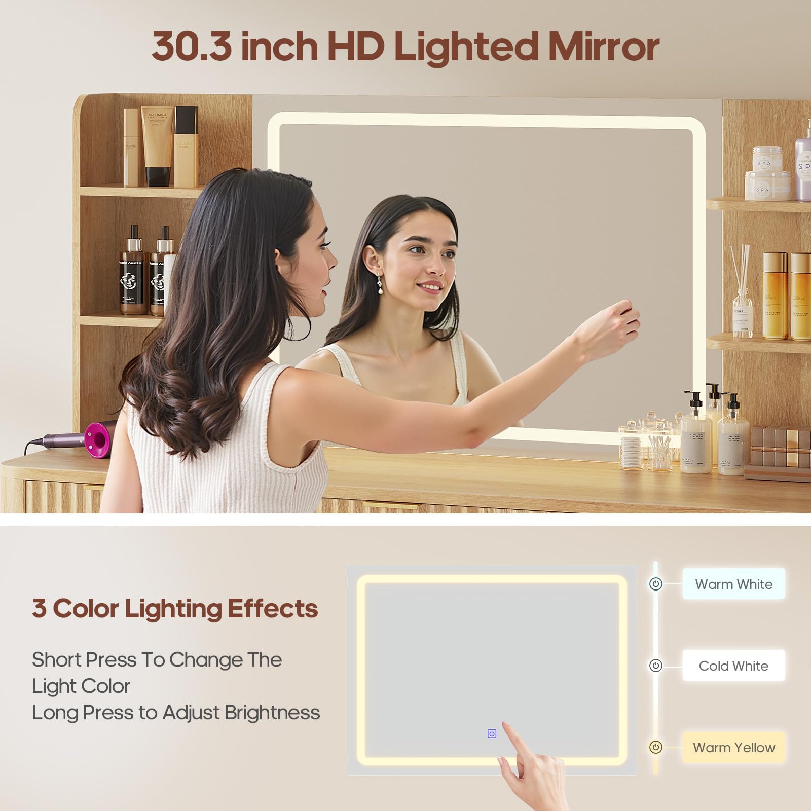 HAUOMS 51.2" Fluted Makeup Vanity Desk with Large 30.3" Mirror and Lights, 5 Drawer Vanity with Power Strip, 6 Open Shelves, 2 Cabinet，Modern Dressing Table with Solid Wood Legs for Bedroom, Oak