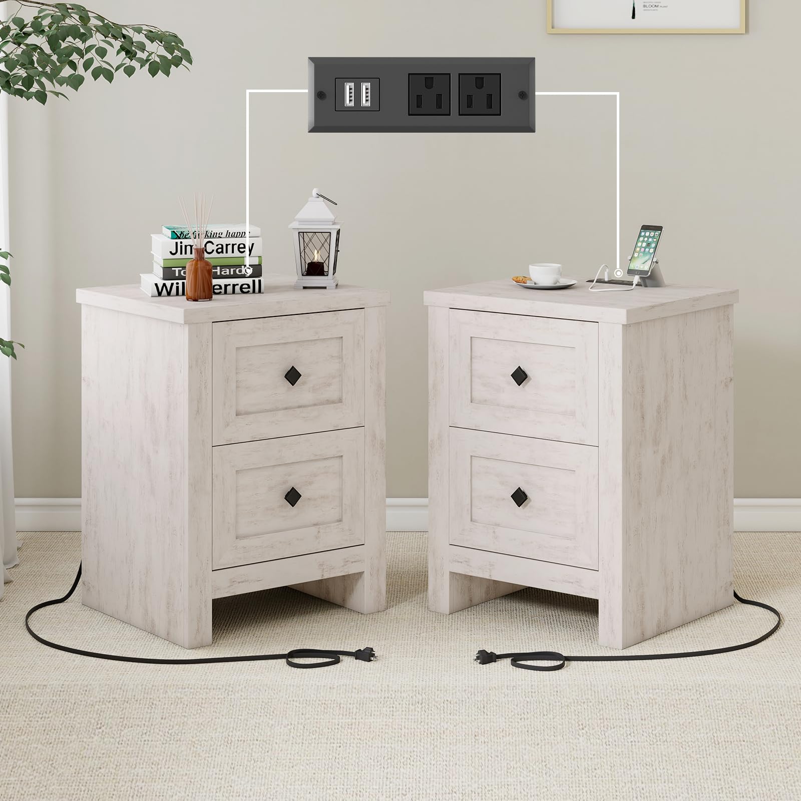 LUXOAK Nightstand Set of 2 with Charging Station, Farmhouse Night Stand with 2 Drawers Storage Cabinet, Rustic Wood Sofa Side Table for Bedroom, Office, Rustic White