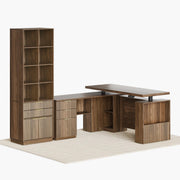 Perledesign Home Office Furniture Set, 63'' L Shaped Standing Desk with 73'' Bookshelf, Electric Height Adjustable Desk with Drawers, File Cabinet, Office Furniture Desk Sets, Fluted Black Walnut