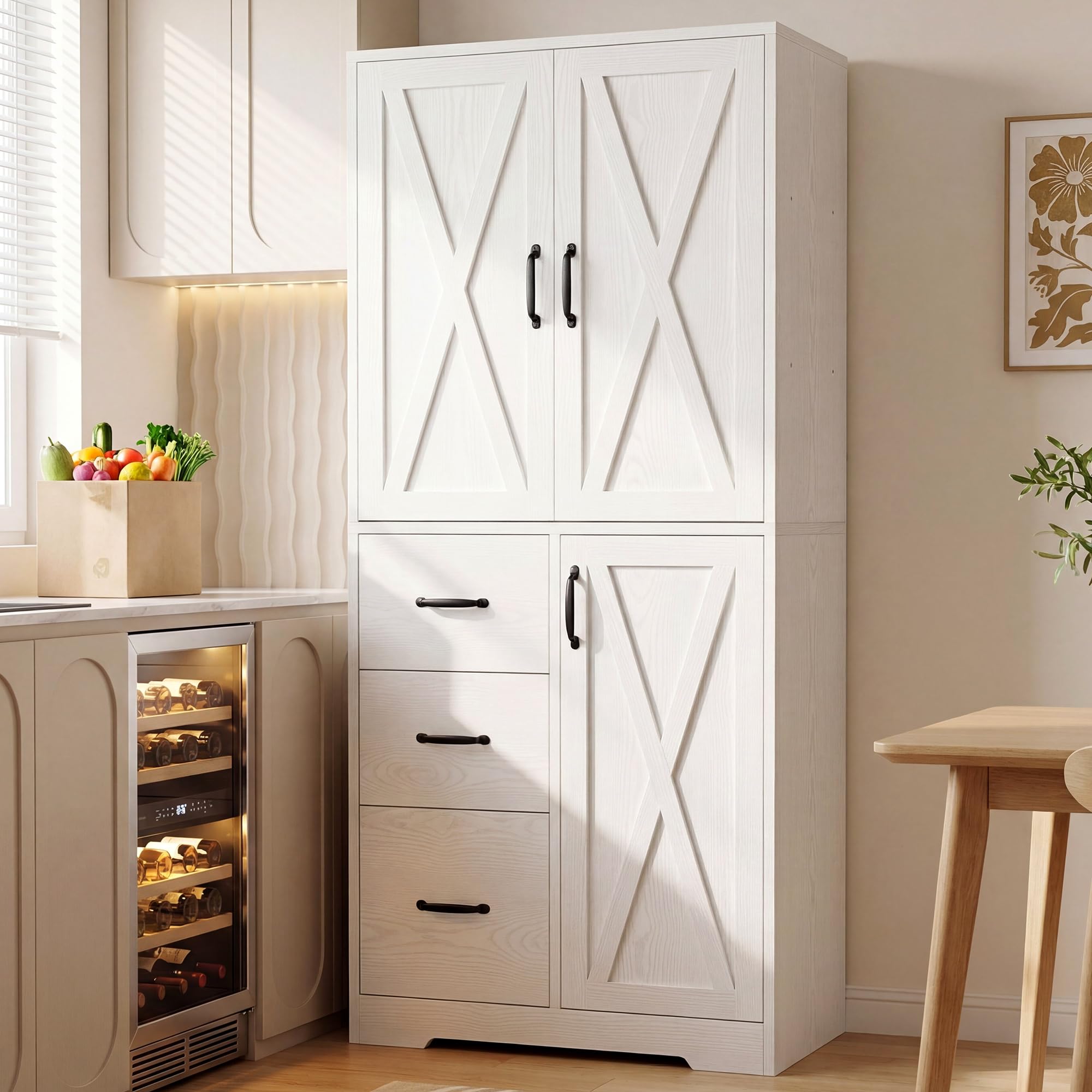 IRONCK Pantry Cabinet, 67.5 inch Tall Storage Cabinet with 3 Doors & Drawers, Farmhouse Kitchen Cabinet with Adjustable Shelves, 5 Tier Freestanding Cupboard for Kitchen