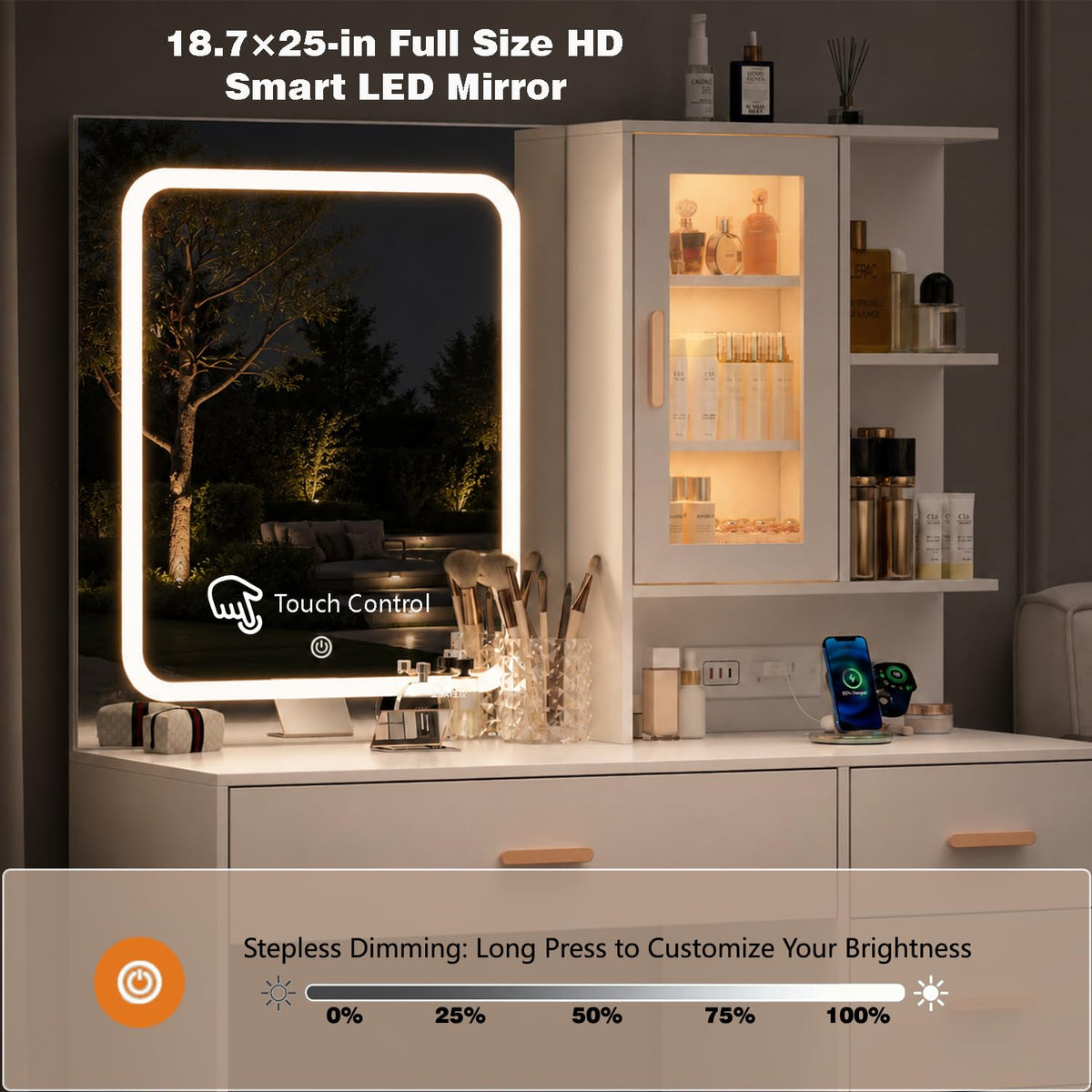BZK Vanity Desk with LED Lights Mirror, White Makeup Vanity Set with 5 Drawers, Tempered Cabinet, Charging Station, Hair Dryer Rack & Cushion Stool, Dressing Table - Modern Bedroom Furniture