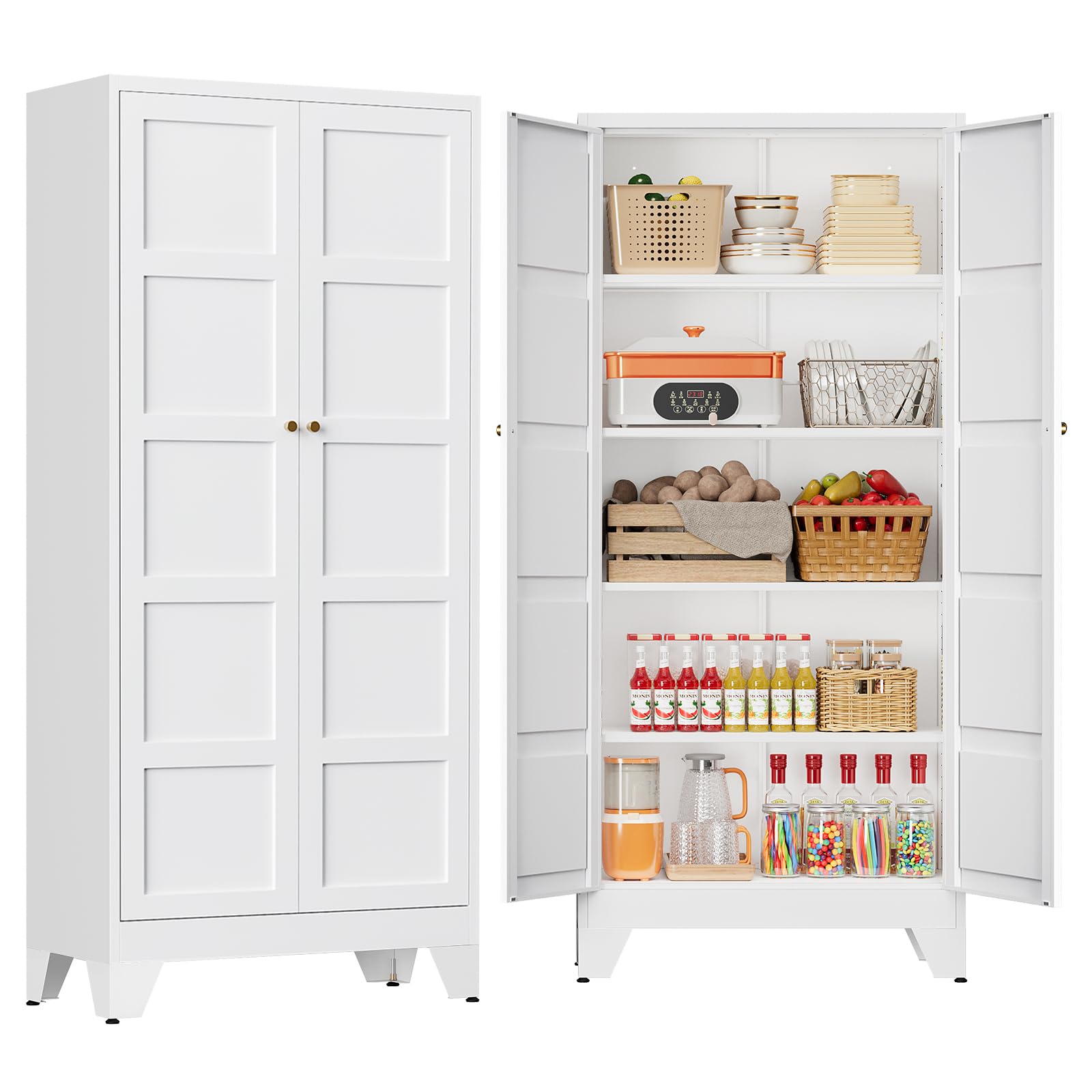 71" Tall Kitchen Cabinet Storage Unit With 2 Doors and 4 Adjustable Shelves, Metal White Freestanding Cupboard, 5 Tier Kitchen Pantry Storage Cabinet for Kitchen Dining/Living Room/Garage/Home/Office
