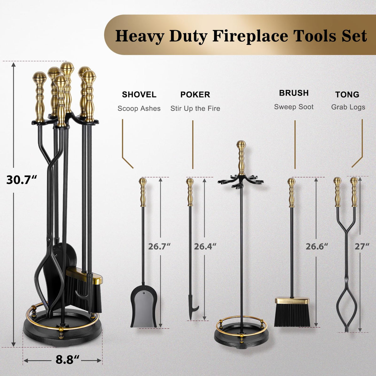 Gtongoko Fireplace Tools Set 5 Pcs Wrought Iron Large Fire Tool Set with Brass Handles for Outdoor/Indoor, Fireplace Accessories Set Included Poker, Tong, Shovel, Brush