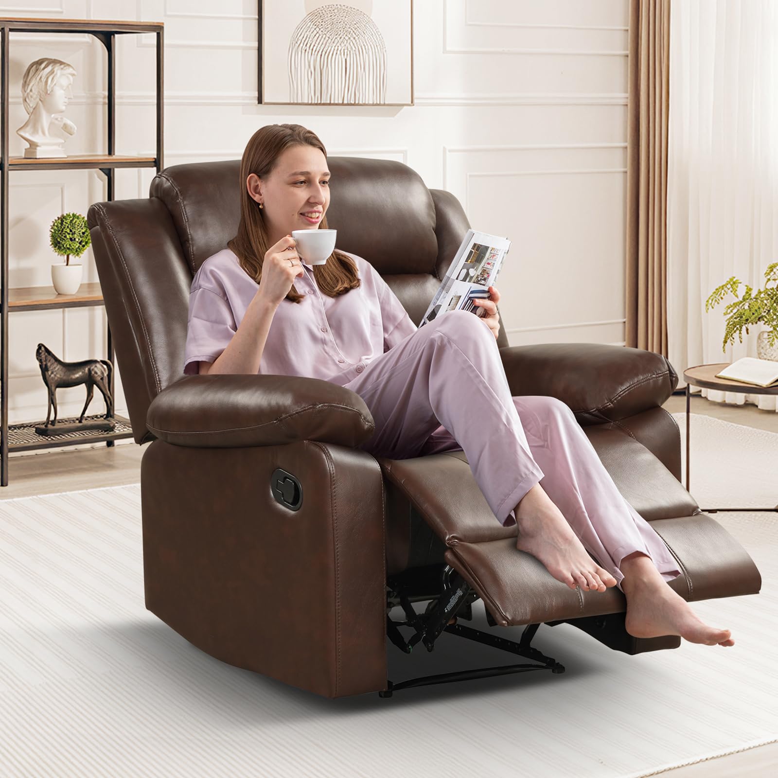 IOMOR Manual Recliner Chair with Overstuffed Arm and Extra-Padded Back, Breathable PU Leather Reclining Chair for Adults, Single Sofa for Living Room, Bedroom (Dark Brown)