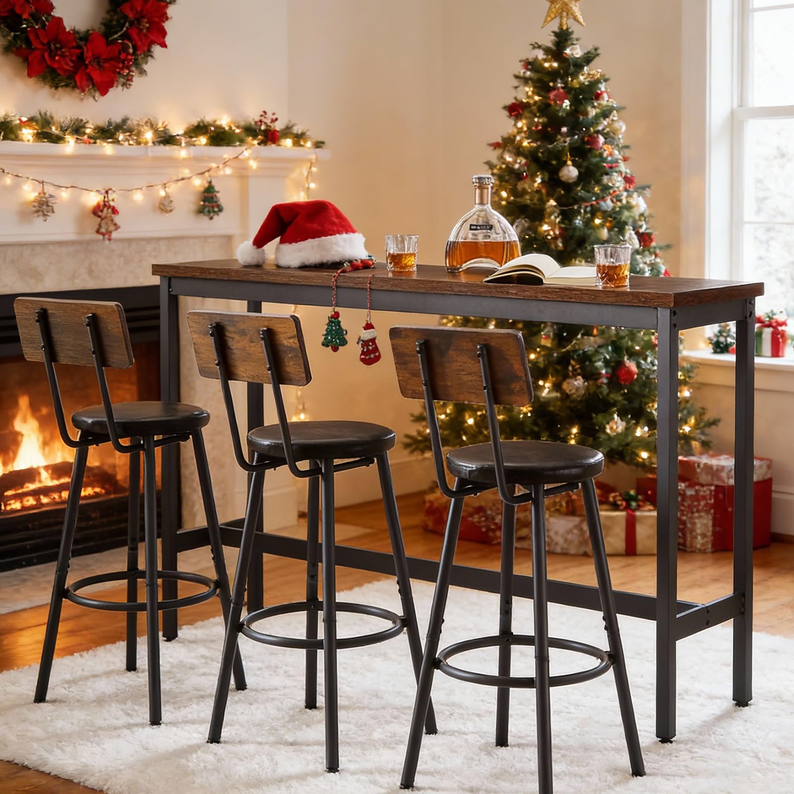 Cudalw Bar Table and Chairs Set for 3, 63" L Rectangle Sofa Table with 3 PU Upholstered Stools, 4 Piece Industrial Counter Height Dining Table Set for Living Room Kitchen Restaurant, Brown