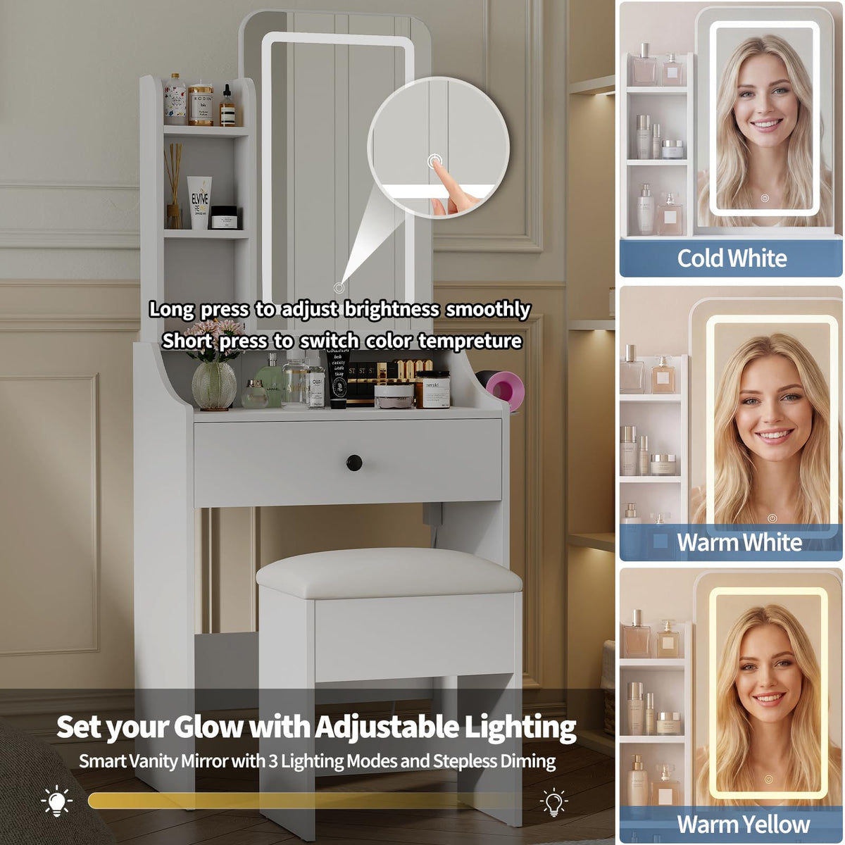 White LED Makeup Vanity with Storage Stool