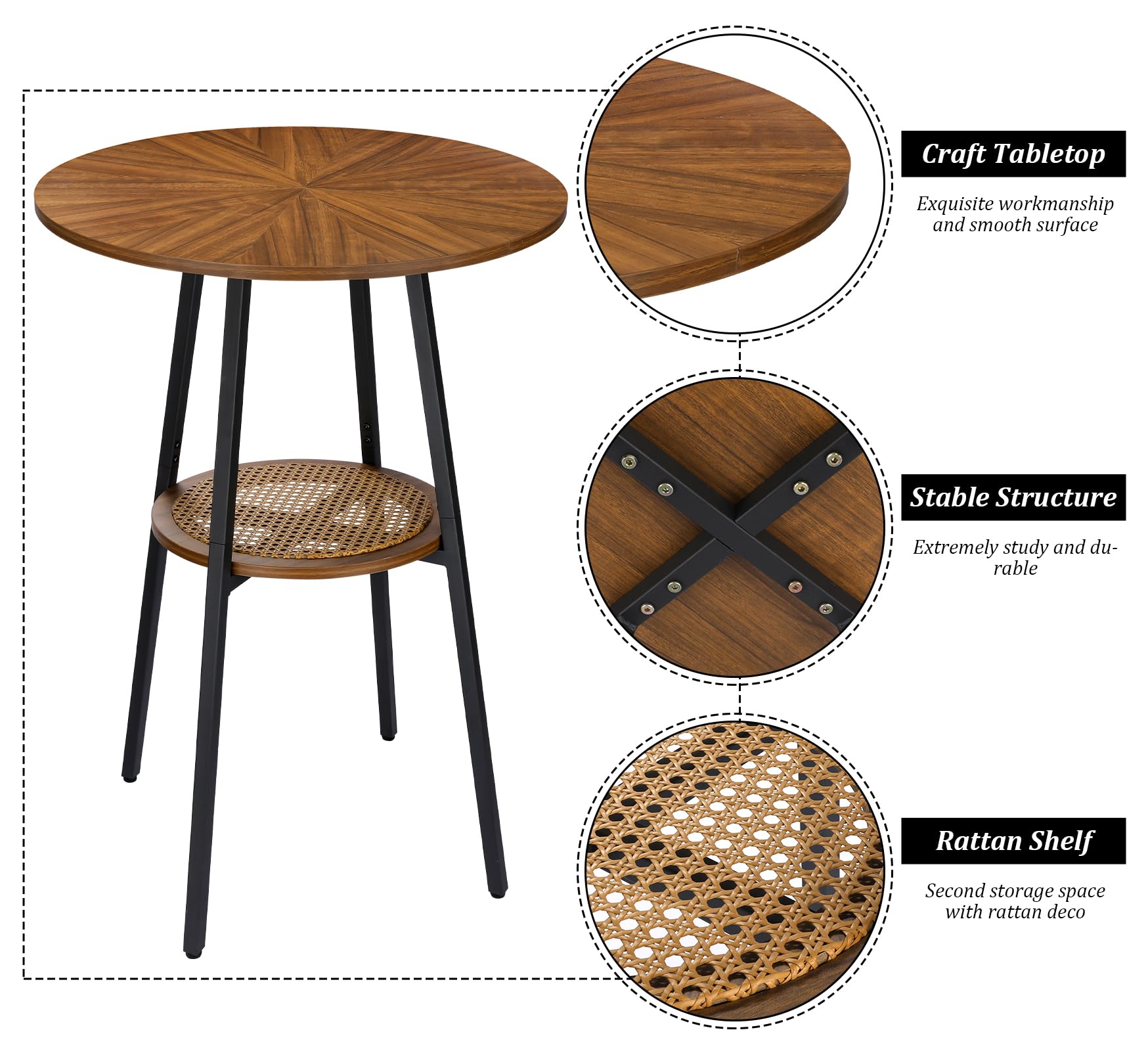 ZYBT Boho Bar Height Table - Rattan Storage Shelf, High Top & Counter Height Dining Table