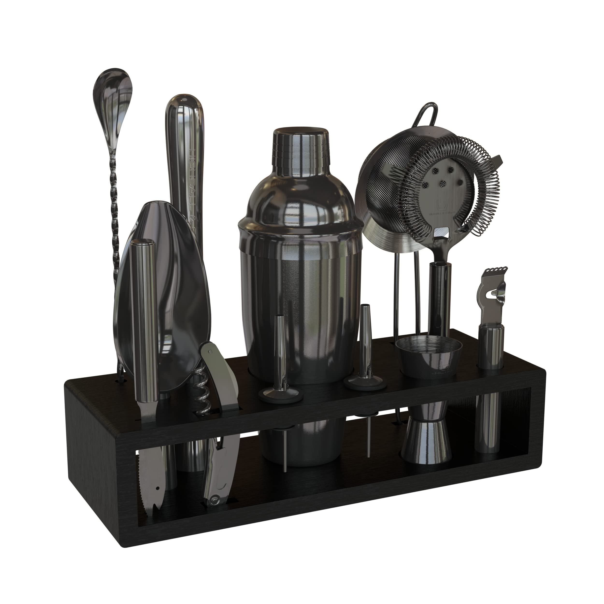 Highball & Chaser 13-Piece Cobbler Cocktail Shaker Set: Black Polished Stainless Steel Bartender Kit for Home Bar Set | Laser Engraved Tools Plus E-Book with 30 Recipes