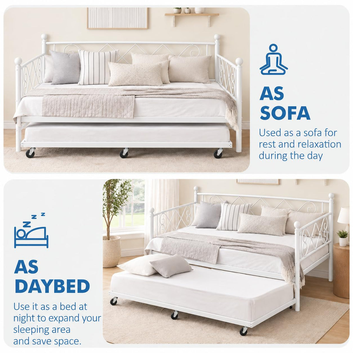 Garvee Daybed with Trundle, Heart‑Shaped Daybed with Trundle, Sturdy Metal Sofa Bed, Heavy-Duty Metal Bed Frame Support, for Living Rooms, Bedrooms, and Guest Rooms, Easy Assembly