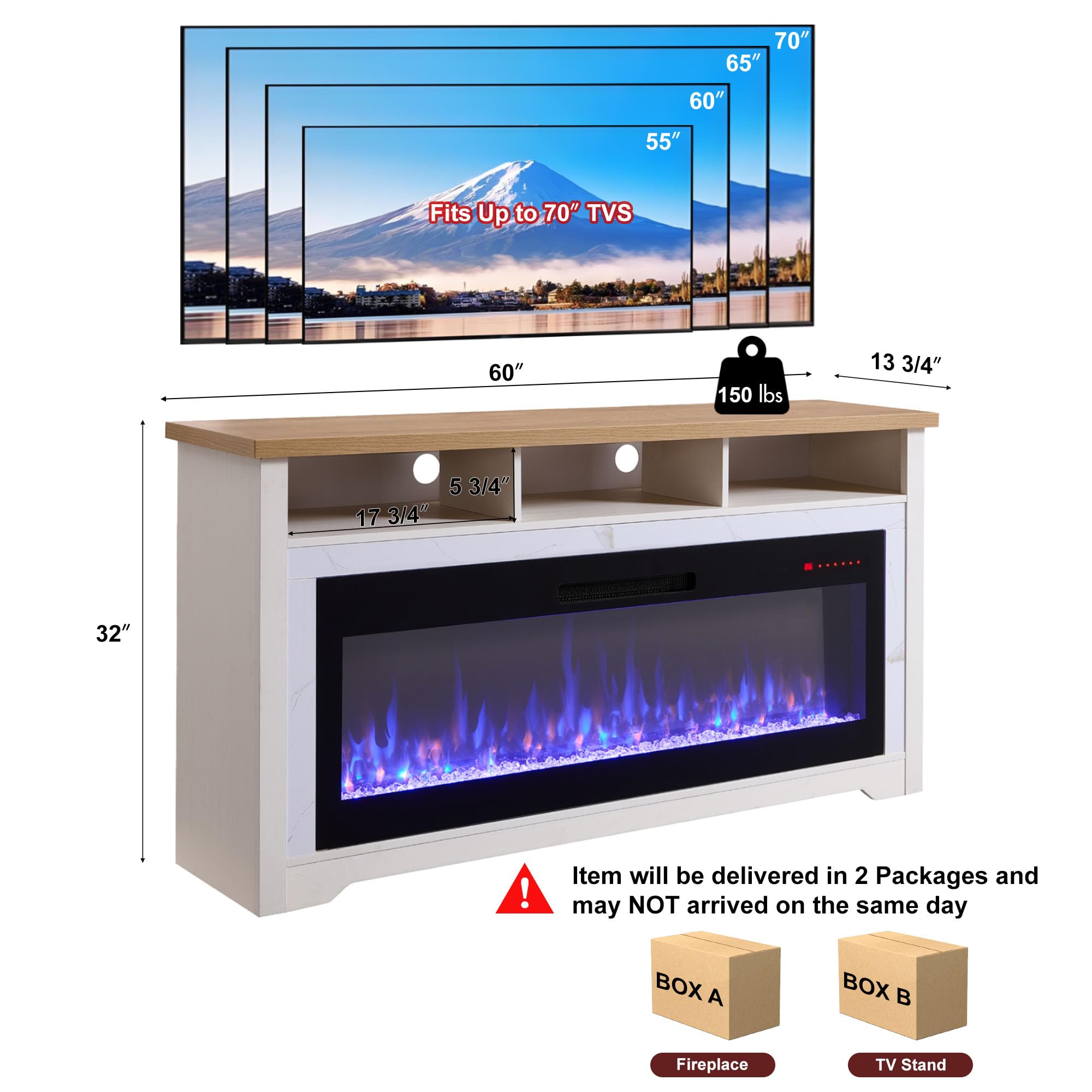 TV Stand with Electric Fireplace – Open Shelves, App & Voice Control, White