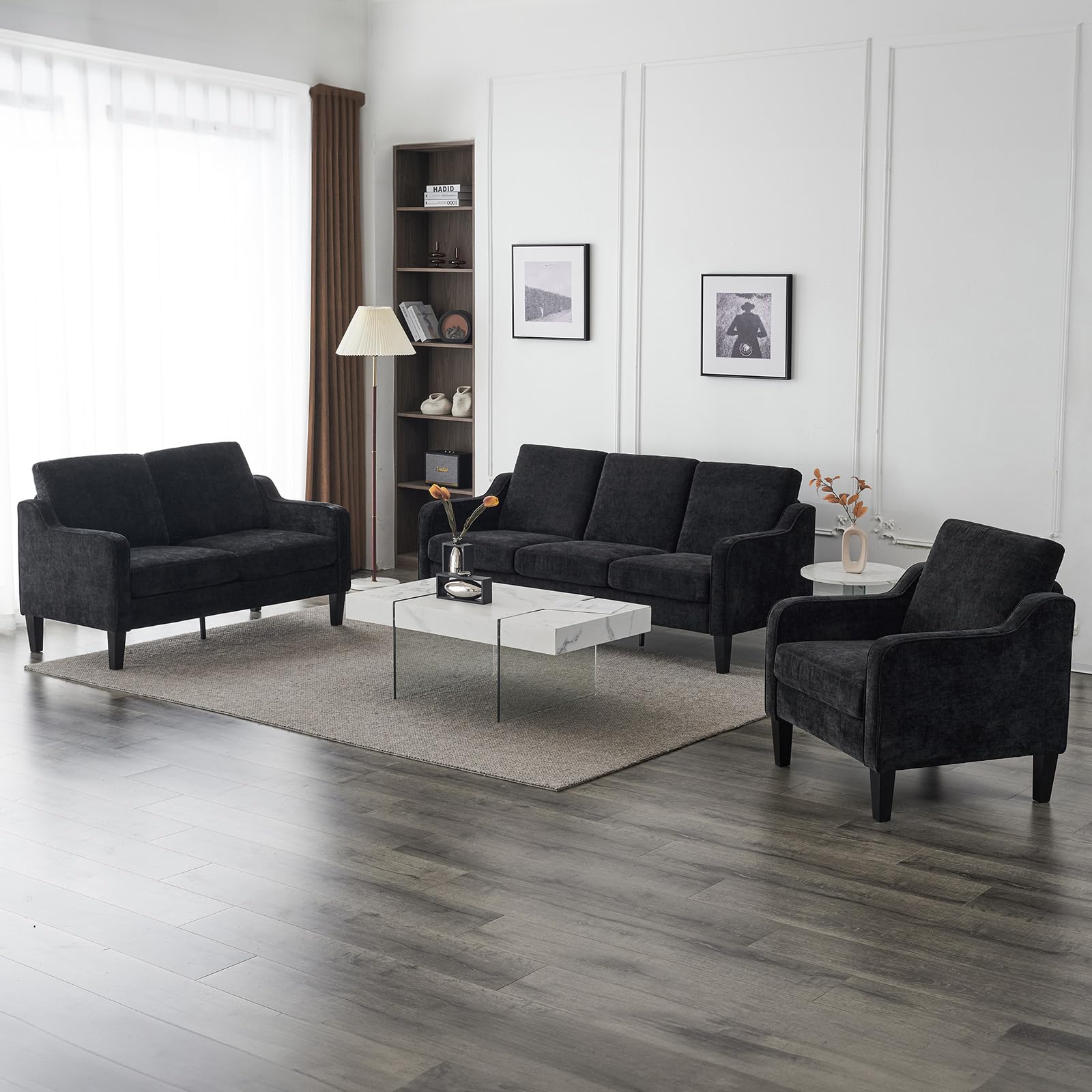 VINGLI Loveseat Sofa Set for Living Room, Mid-Century Modern Couch and Love Seat Set,53" Loveseat+71" Small Couch for Bedroom Sofa Furniture for Small Spaces Apartment (Black)