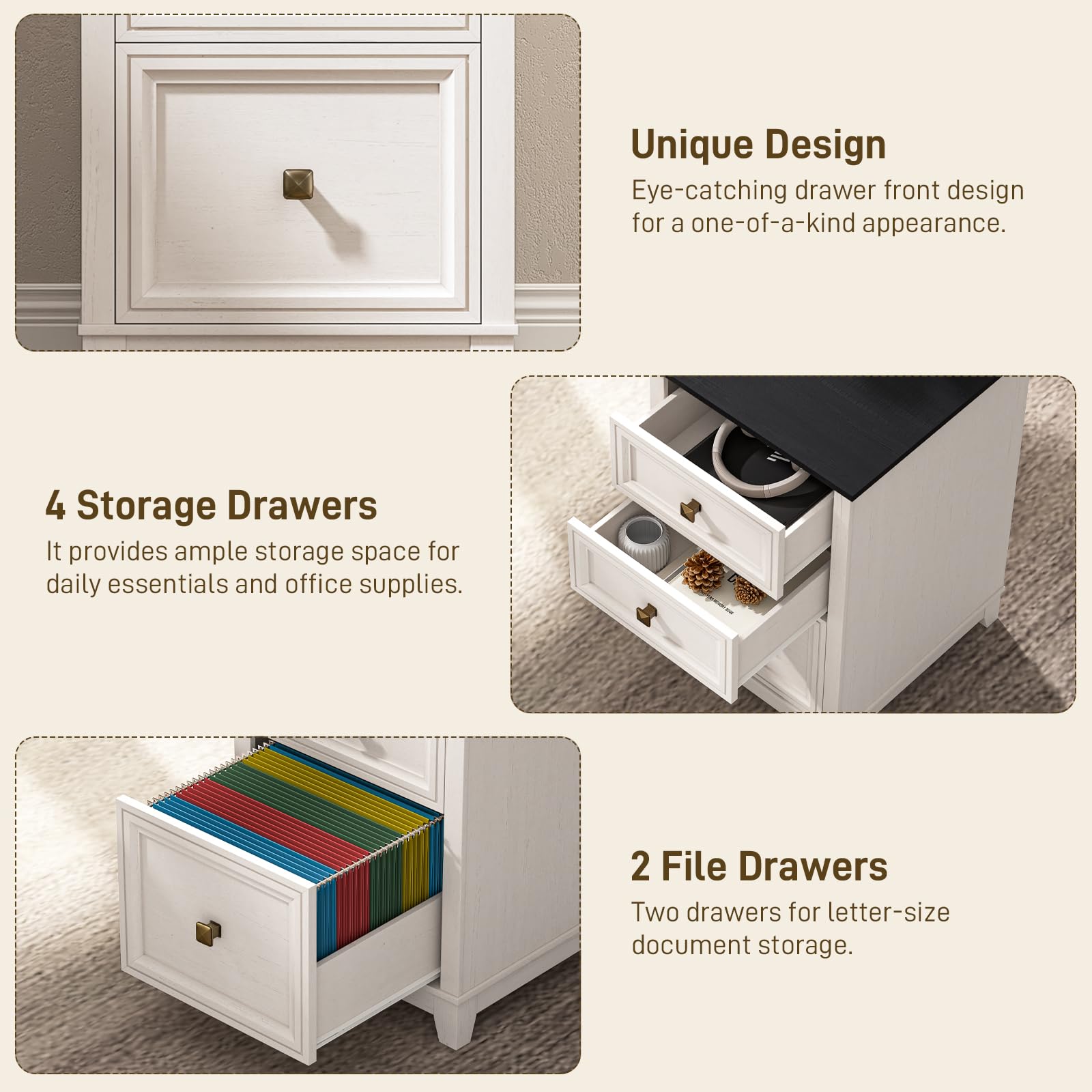 Vabches Farmhouse L Shaped Executive Desk with 6 Drawers, 59’’ Wood Home Office Desk with File Cabinet, Writing Corner Computer Desk for Home Office, Work, Study, White and Black