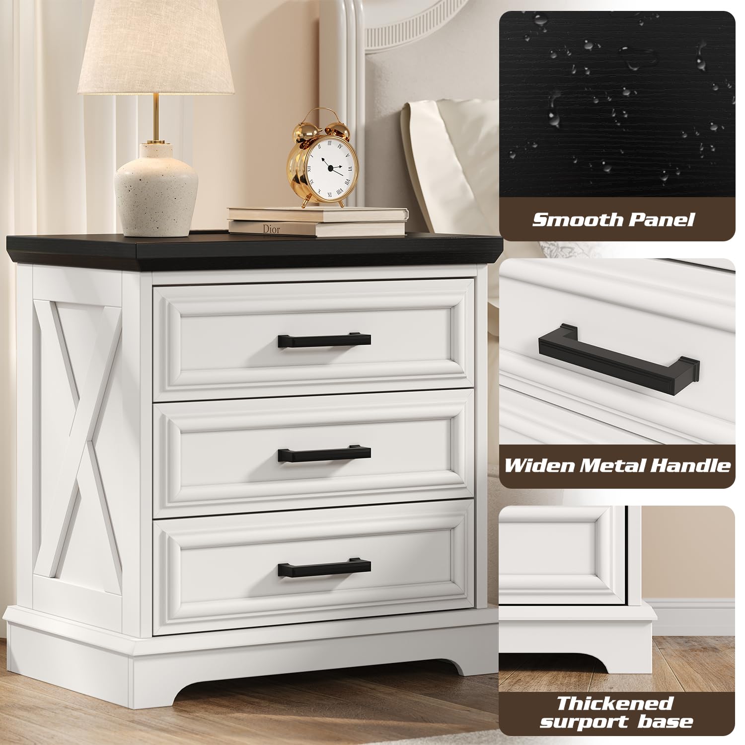 knoworld 24 Inch Wide Farmhouse Nightstands Set of 2 with Charging Station, White Nightstand with 3 Large Drawers, Rustic Wood End Table for Bedroom