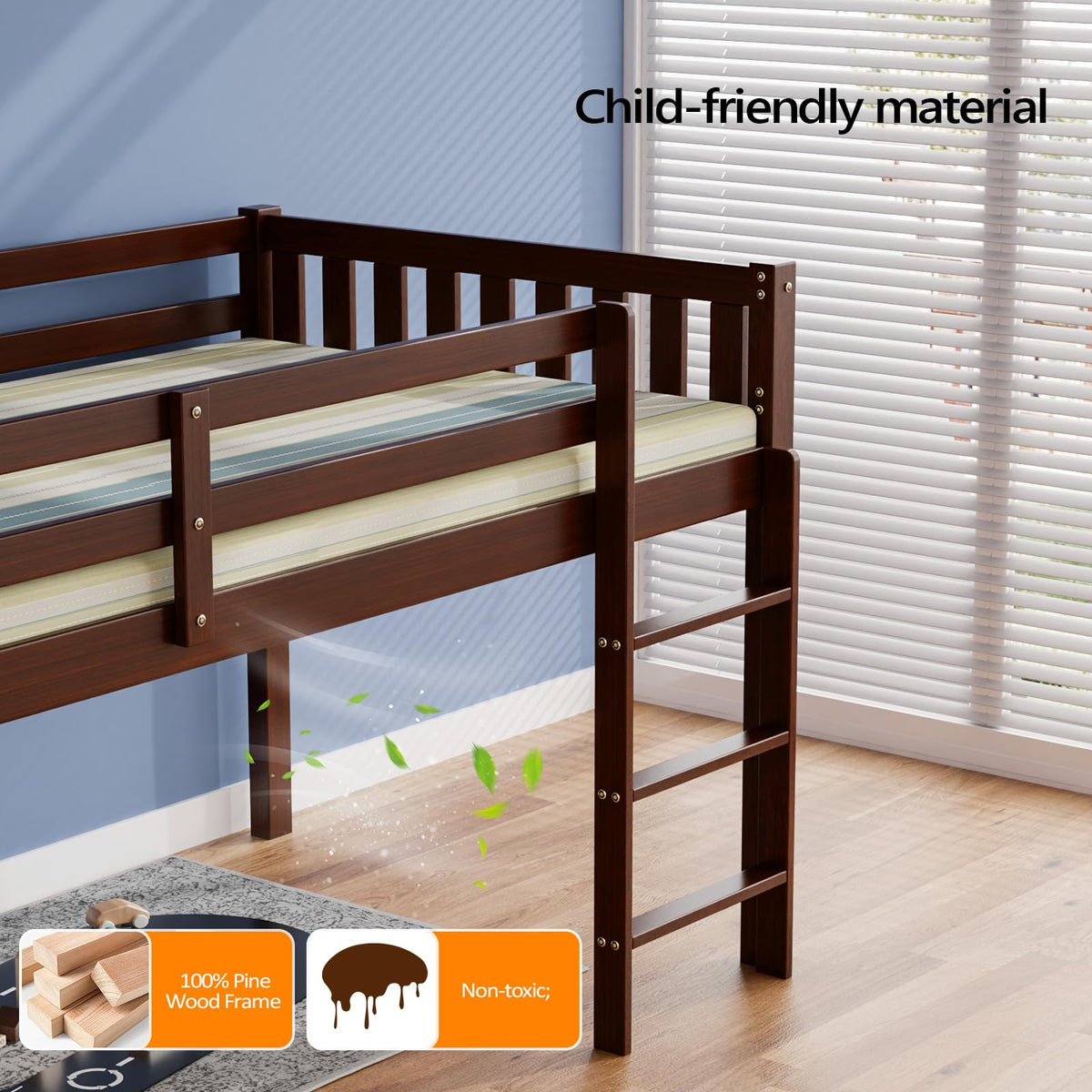 JOYMOR Low Loft Bed Twin Size with Stairs, Wooden Loft Bed for Kids, Junior，Young Teens，Pine Wood Twin Bed Frame, Space-Saving Design, No Box Spring Needed, Espresso