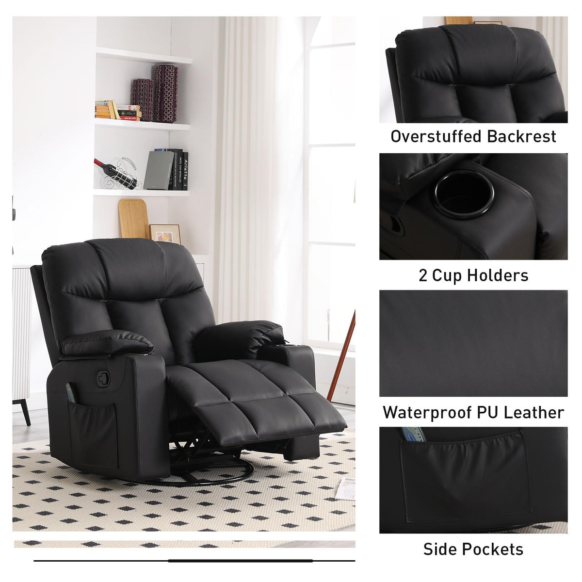 Bonzy Home Oversized Swivel Rocker Recliner, Rocking Recliner Chair, Black