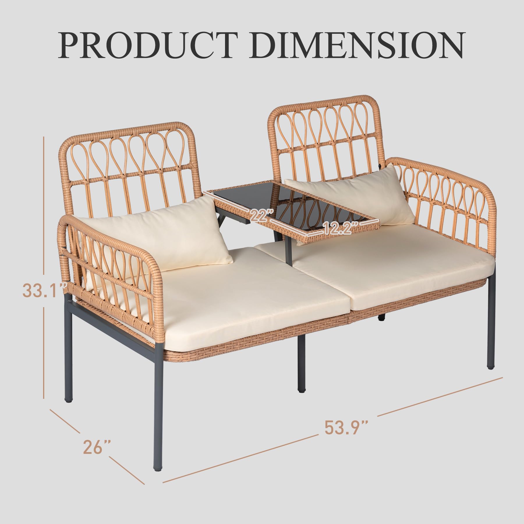 Outdoor Rattan Loveseat with Built-In Table & Cushions