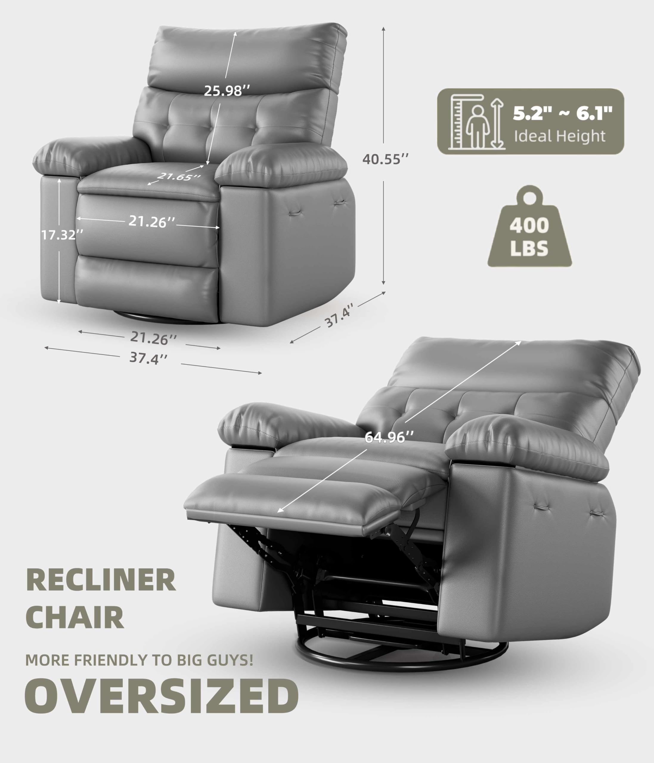 Garvee Oversized Recliner Chair - PU Leather Manual Recliner for Adults, Comfy Reclining Chair with Overstuffed Arms and Back, Side Pocket, Single Sofa for Living Room, Bedroom