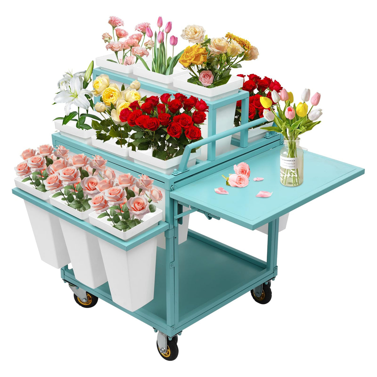 BAIODNB Flower Display Stand with Wheels,6 Layers Plant Display Stand With 18PCS Buckets Flower Cart, Moving Florist Bouquet Shelf Flower Rack for Indoor, Outdoor Patio Garden, Living Room (Blue)