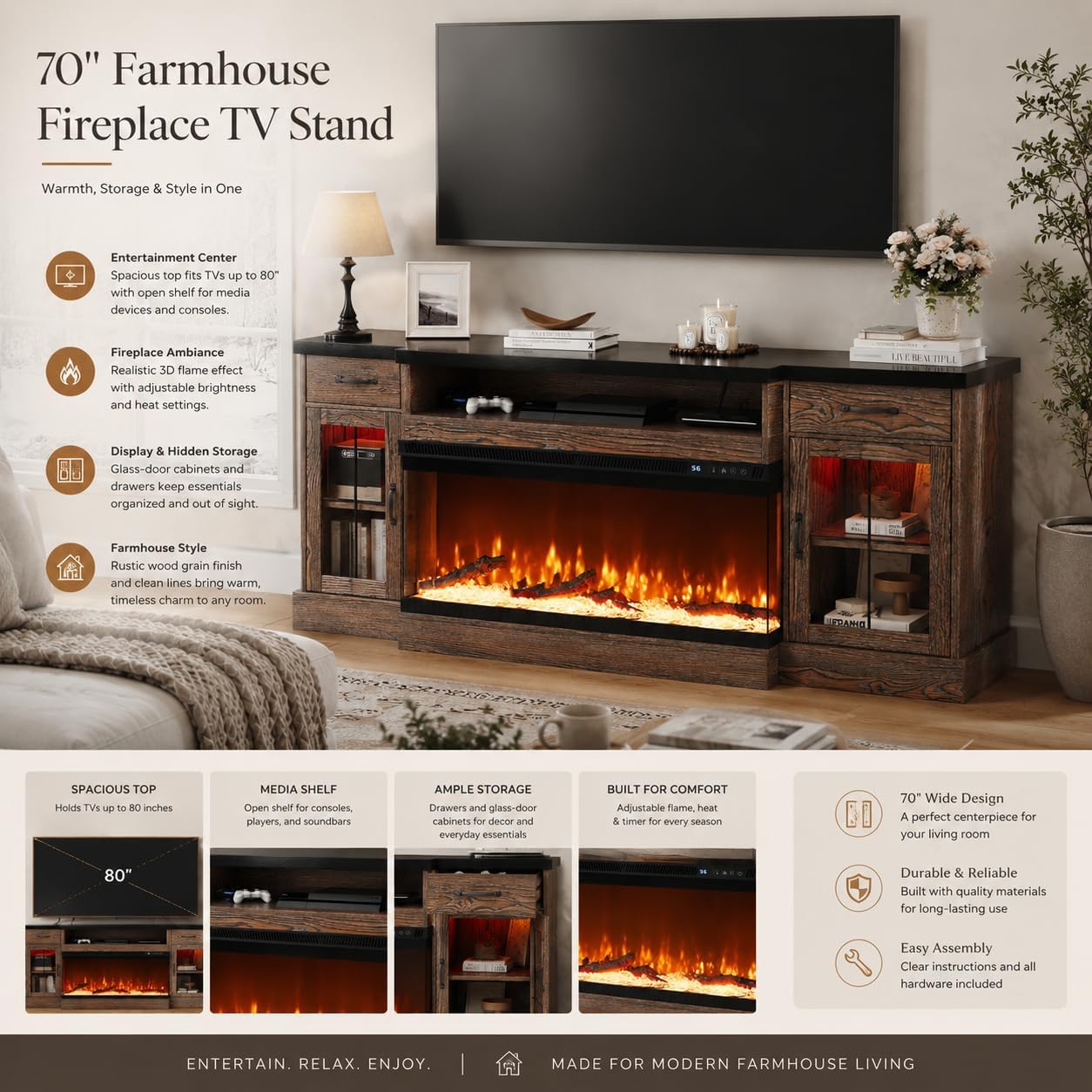 4 EVER WINNER 70" Fireplace TV Stand for TVs Up to 80", Farmhouse Entertainment Center with 3-Sided Glass Electric Fireplace, 2 Drawers, Storage Cabinets & Adjustable Shelves, Brown