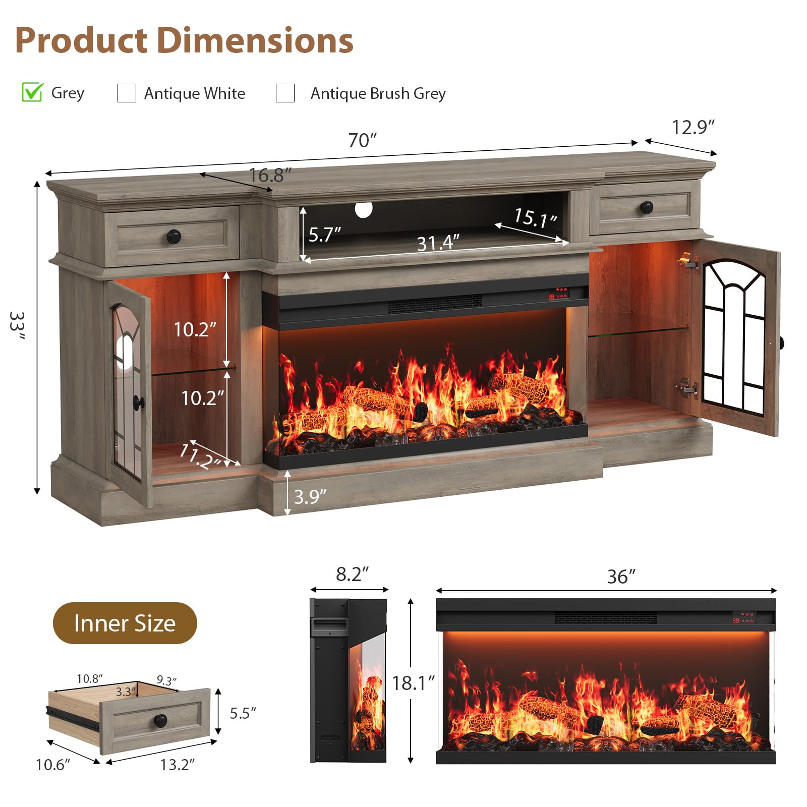 QUW 70" Farmhouse Fireplace TV Stand for TVs up to 80", Entertainment Center with 36" 3-Side Glass Electric Fireplace with Open Shelf and Cabinet, TV Console for Living Room, Grey
