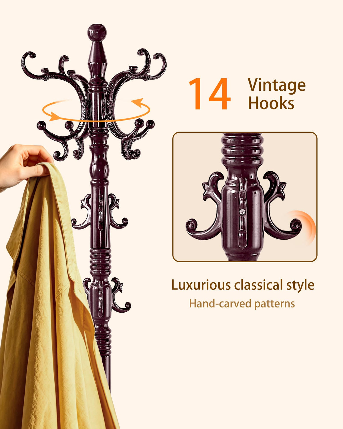 ZLRIAOI Wooden Coat Rack, Vintage Solid Wood Coat Rack Stand with 14 Hooks
