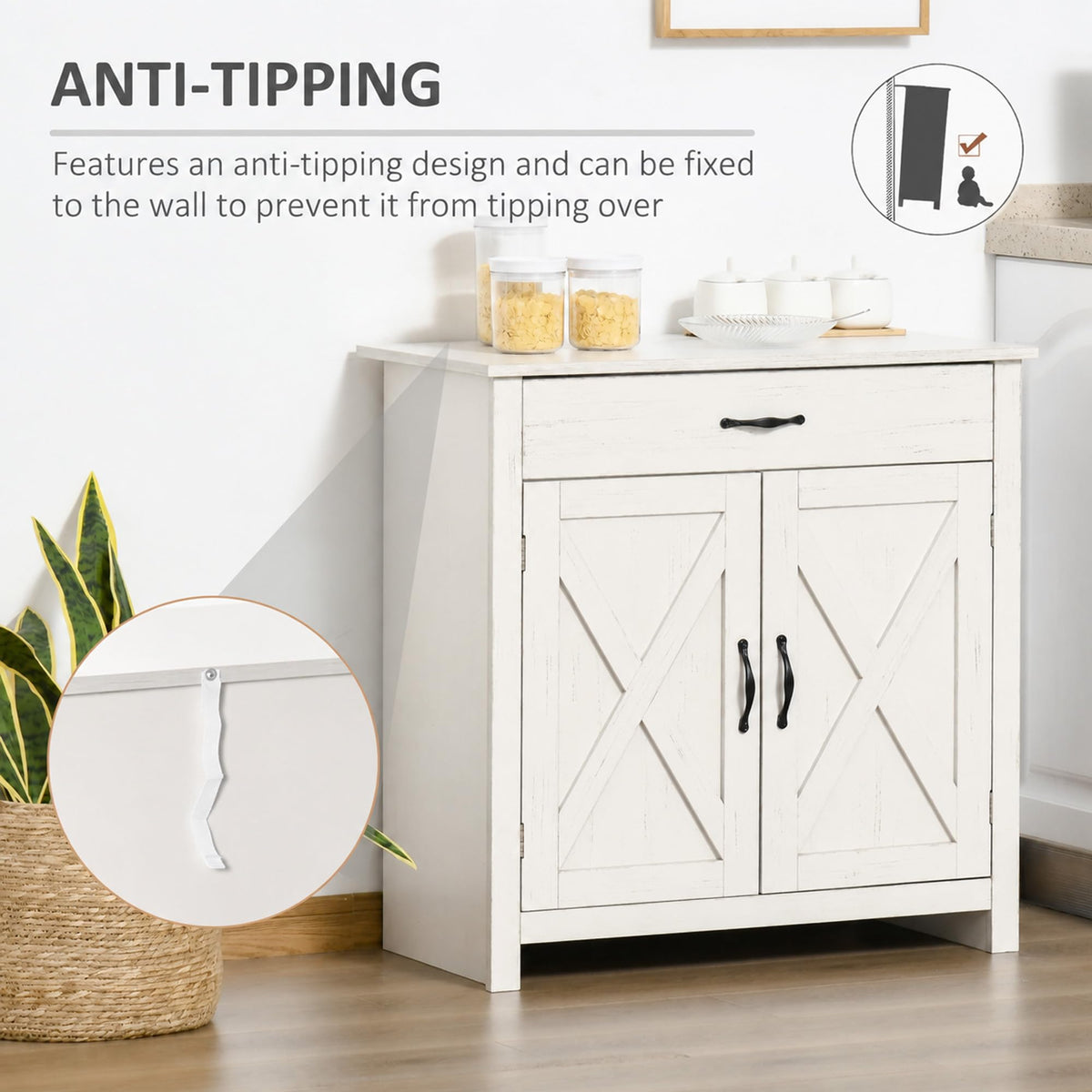HOMCOM Farmhouse Sideboard Buffet Cabinet Barn Door White Wash