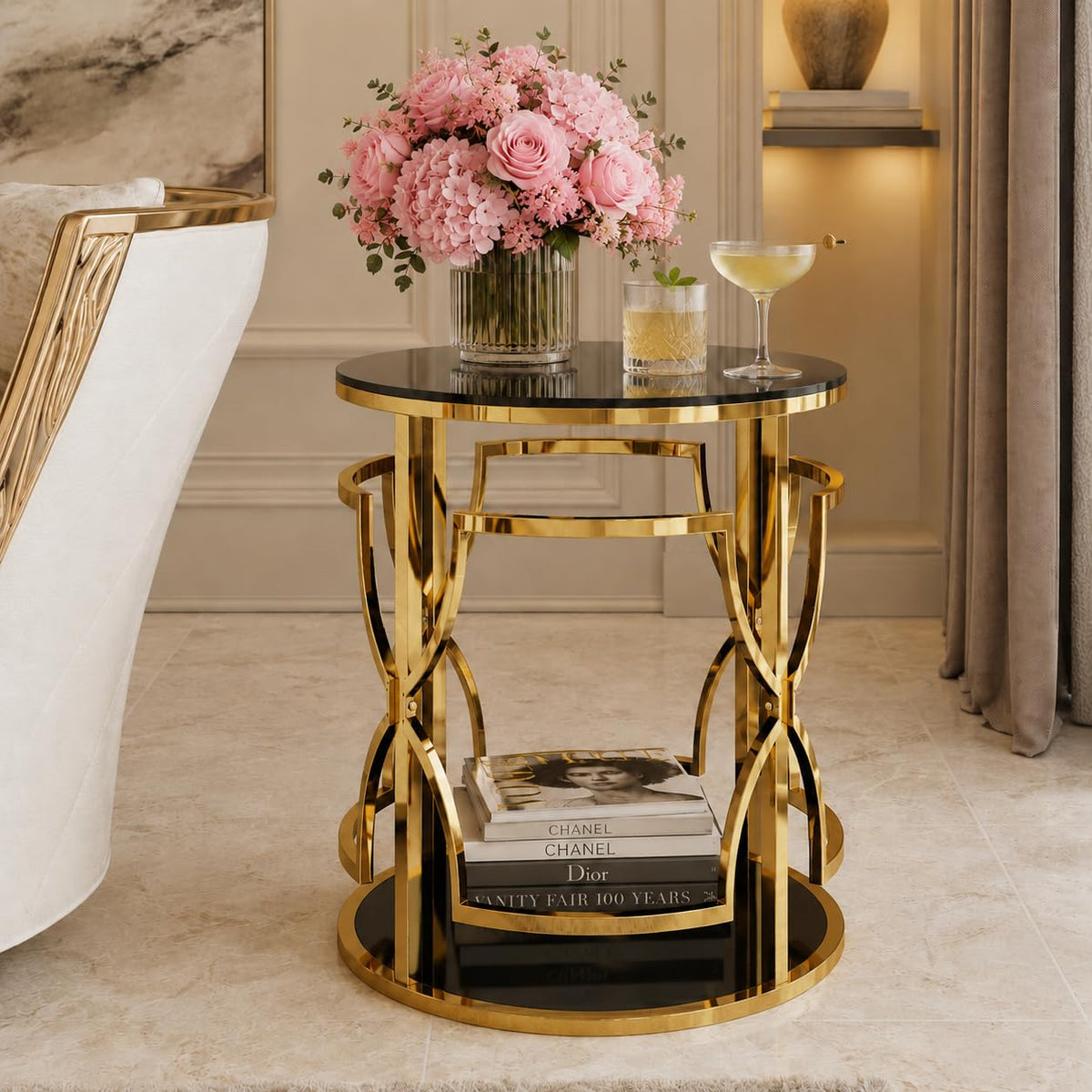 Glass Side Table with Gold Frame