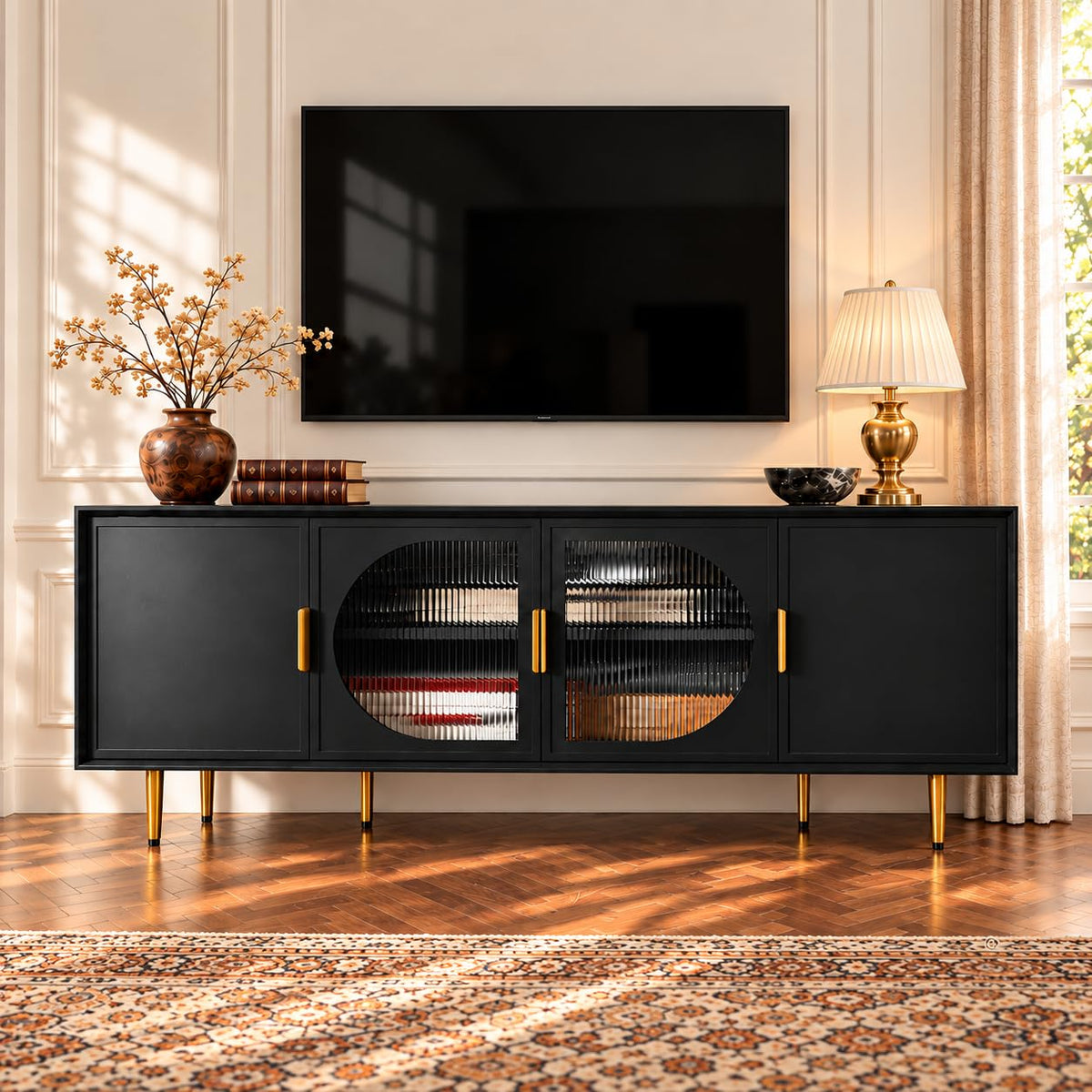 ARTPOWER 66" TV Stand, Entertainment Center with Storage Shelves, Black