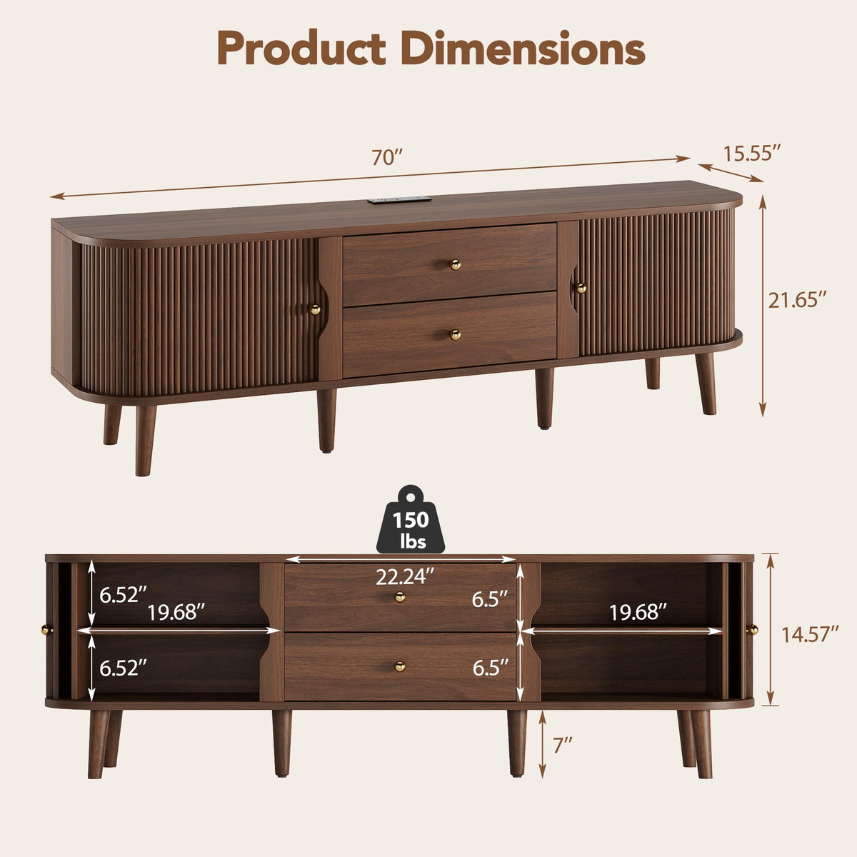 70" Mid-Century Fluted TV Stand with Storage up to 80 Inch, Walnut