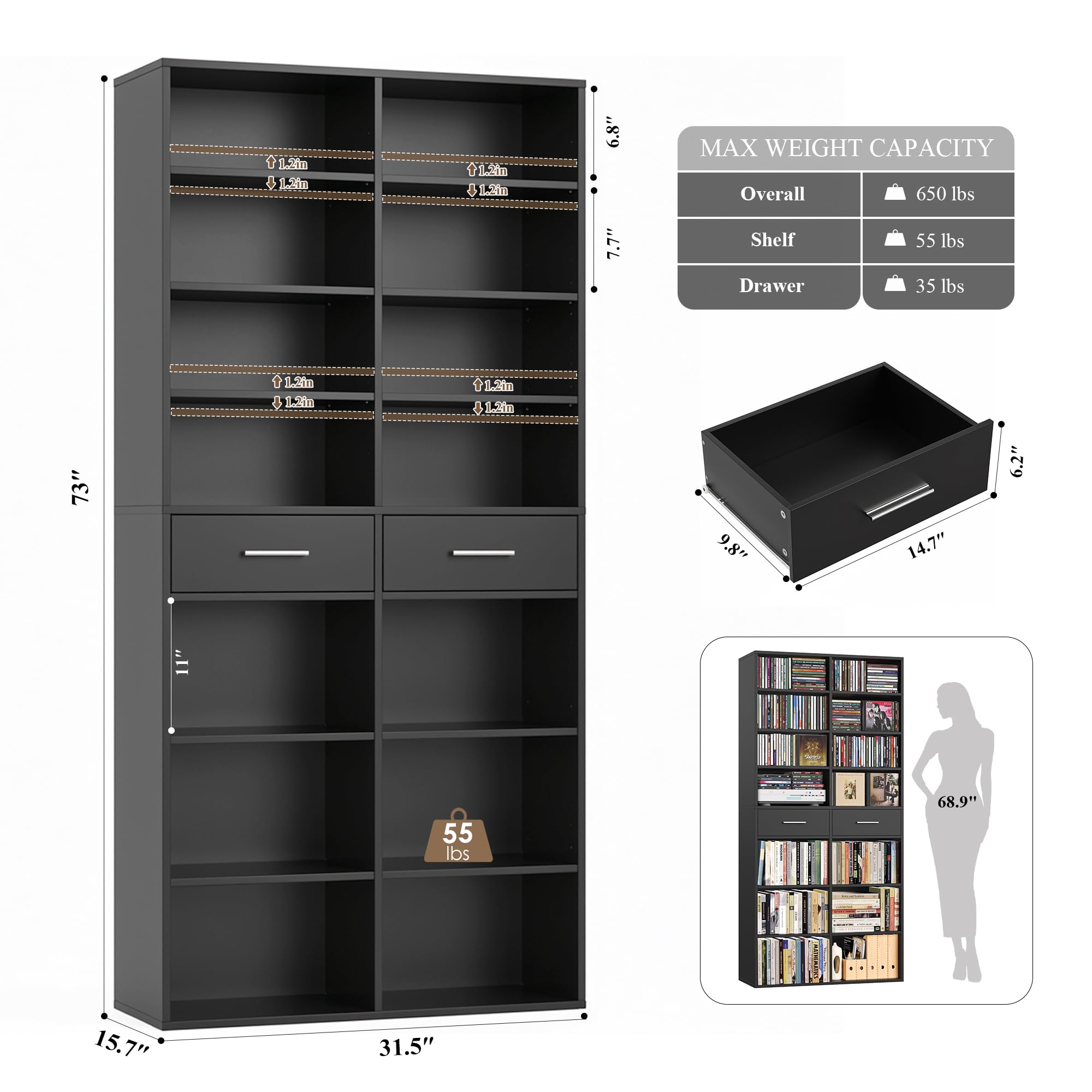 HOSTACK 73" Tall Bookshelf with Drawers, 7-Tier Black Bookshelf with Storage, Double Wide Bookcase with 14 Open Book Shelves, Wood Book Case with Adjustable Shelves for Media CD DVD Storage, Black