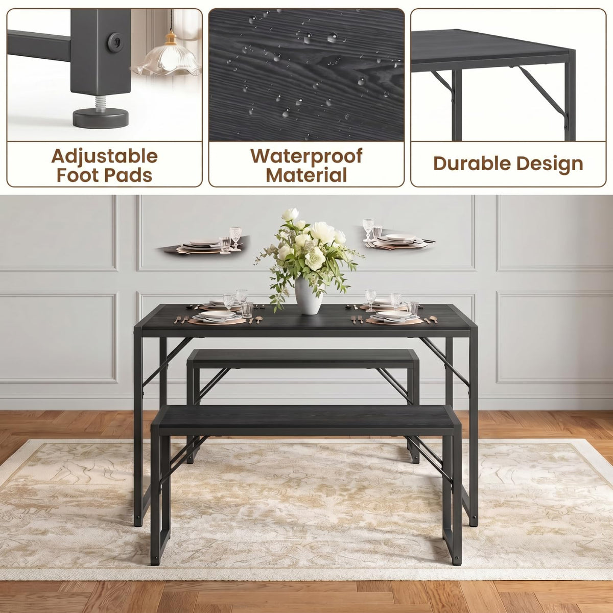 Bealife Dining Table Set for 4 with Metal Frame and MDF Board - Black