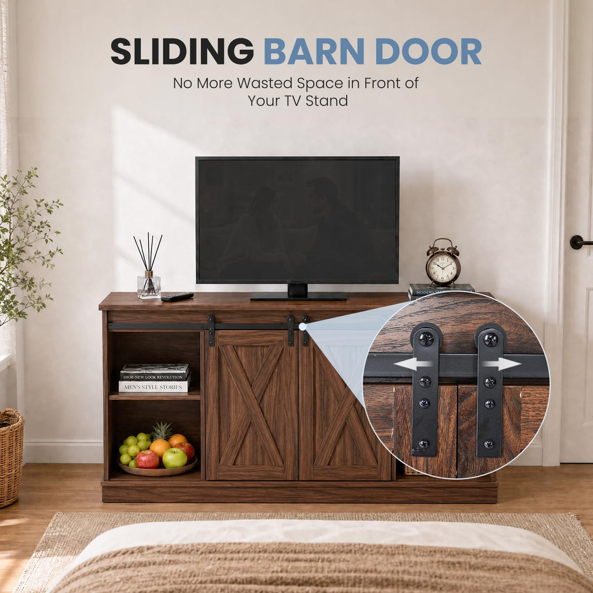 DUMOS Farmhouse TV Stand for Up to 65 Inch TVs, Entertainment Center for Living Room & Bedroom, TV Console Table with Sliding Barn Door, Storage, Holds up to 300 lbs, Rust