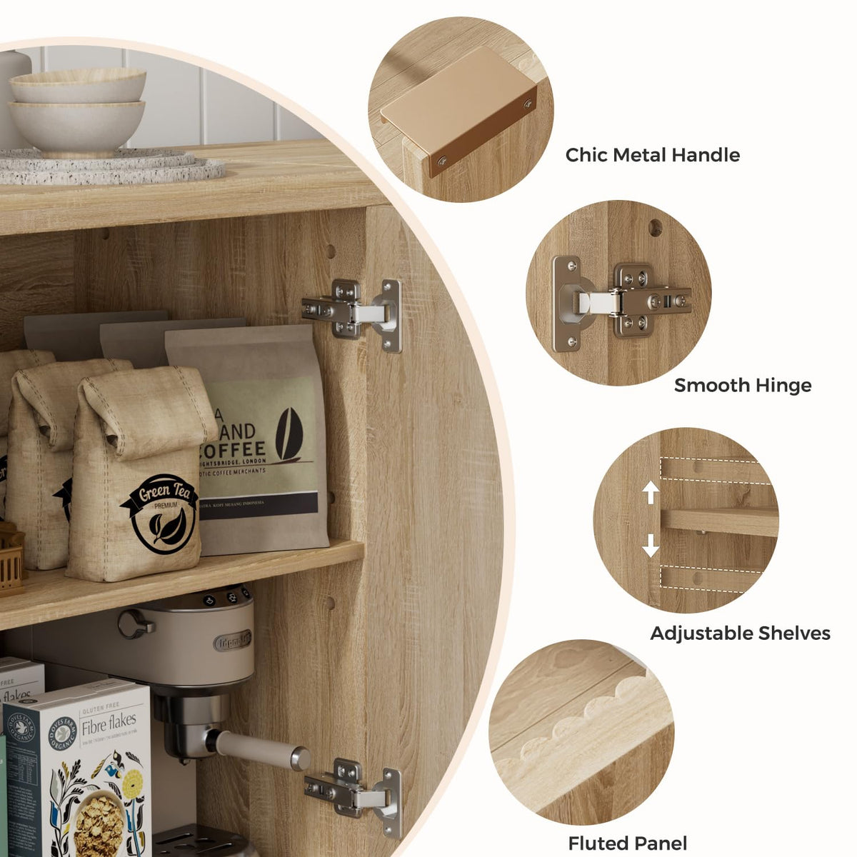 Homleke Fluted Buffet Cabinet with Storage, Modern Sideboard Cabinet
